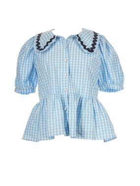 TCEC Gingham Peplum Top Blue White Puff Sleeve Ric- Rac Trim Cottage core